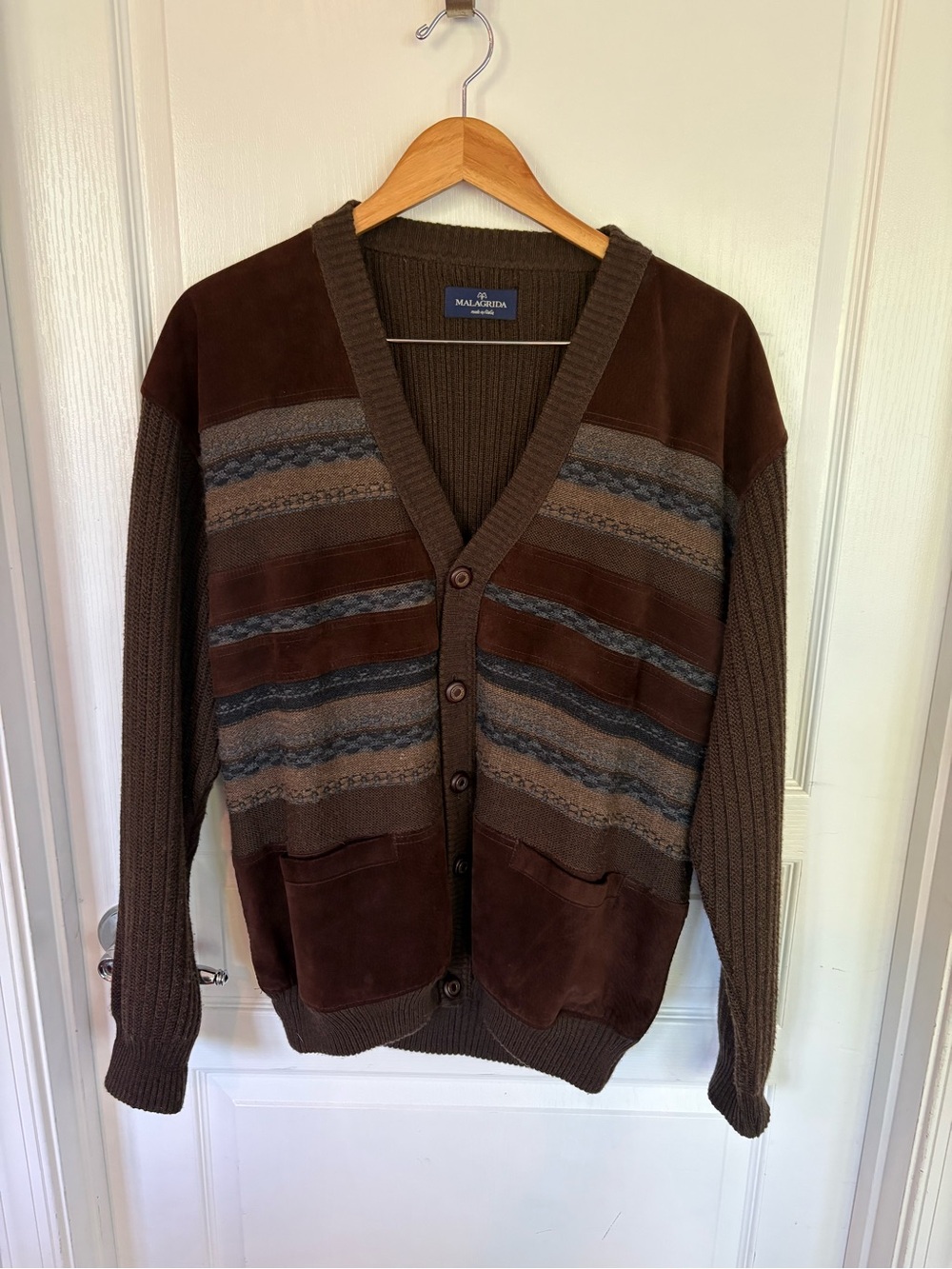 Vintage Malagrida-made in Italy Mixed-Texture Button Cardigan wool/suede/cotton